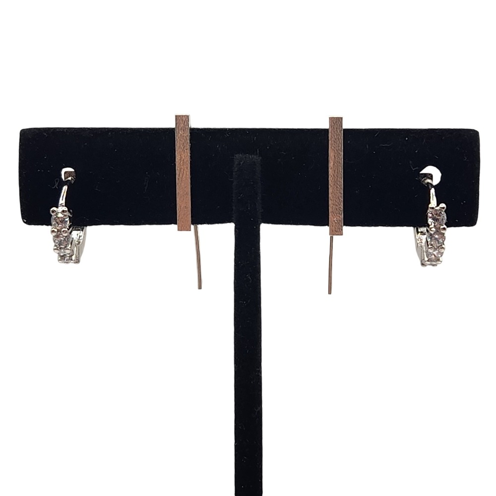 Sparkling Crystal Hoop and Bar Drop Earrings Set Silver Tone Modern Chic